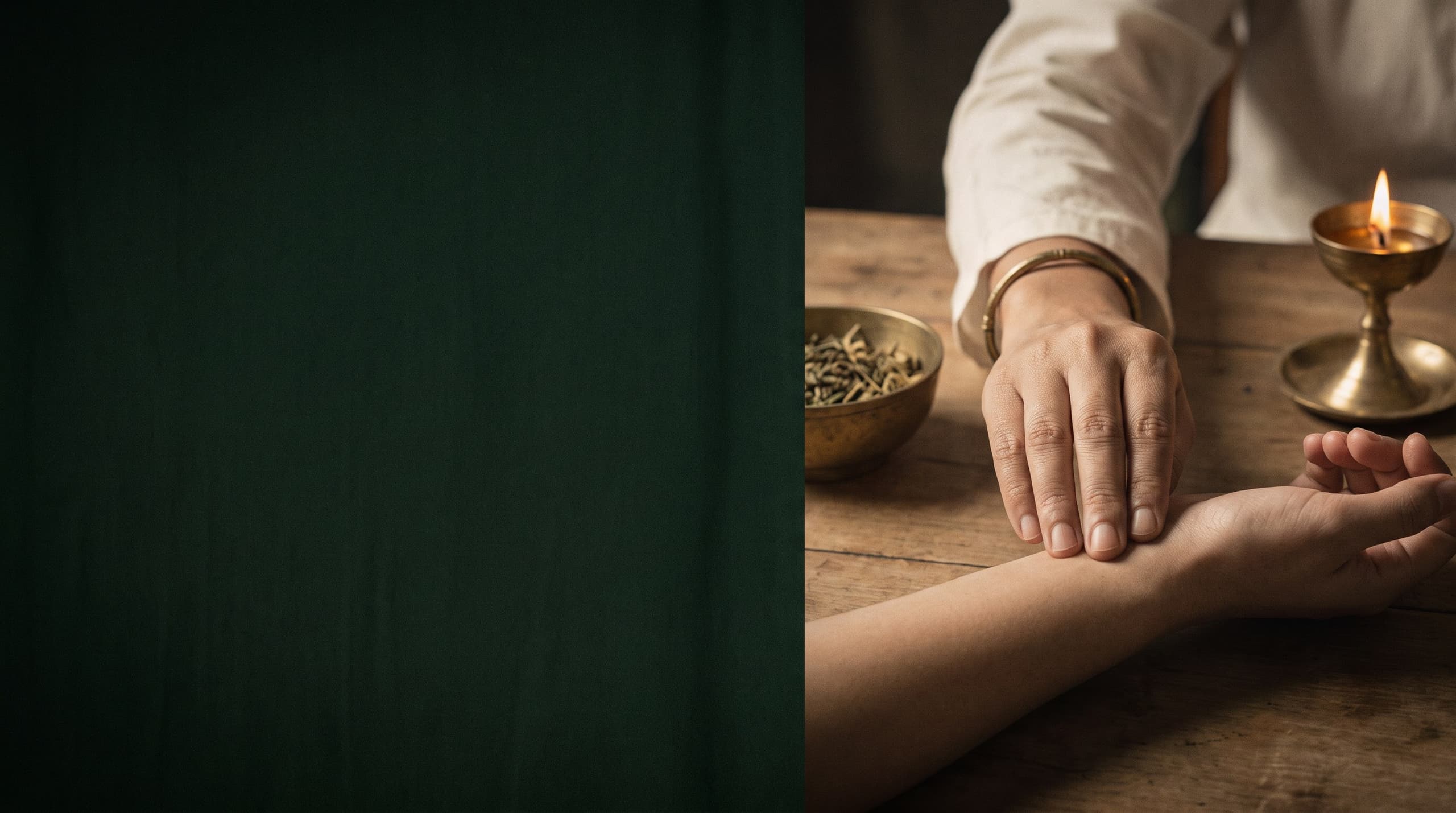 A doctor's fingers resting on a patient's wrist to read the pulse, beside a bowl of dried herbs and a lit brass lamp on a wooden table