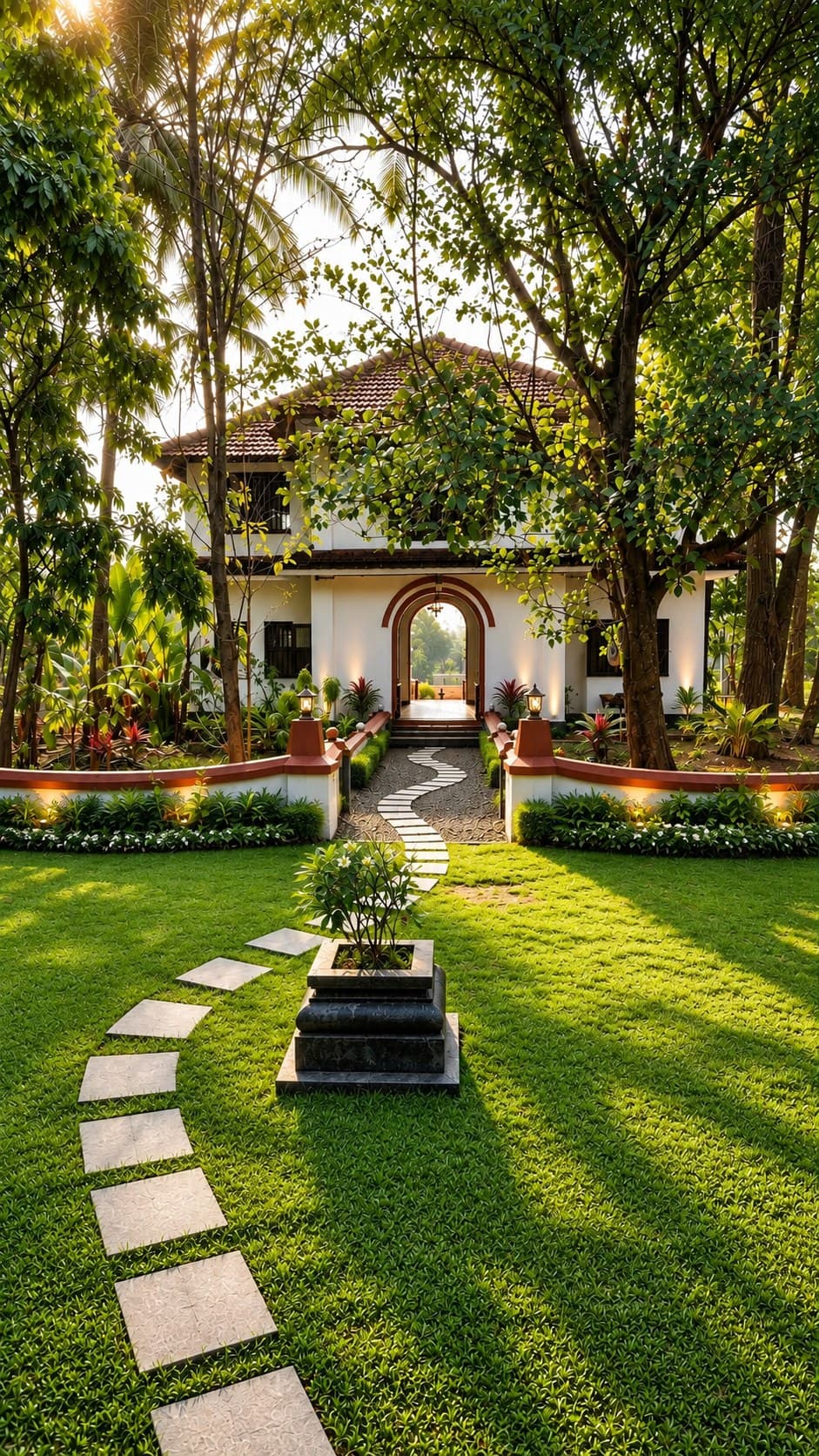 A stepping-stone path across a sunlit lawn to a white Kerala house with a red-trimmed arched doorway and lamplit garden walls, framed by trees