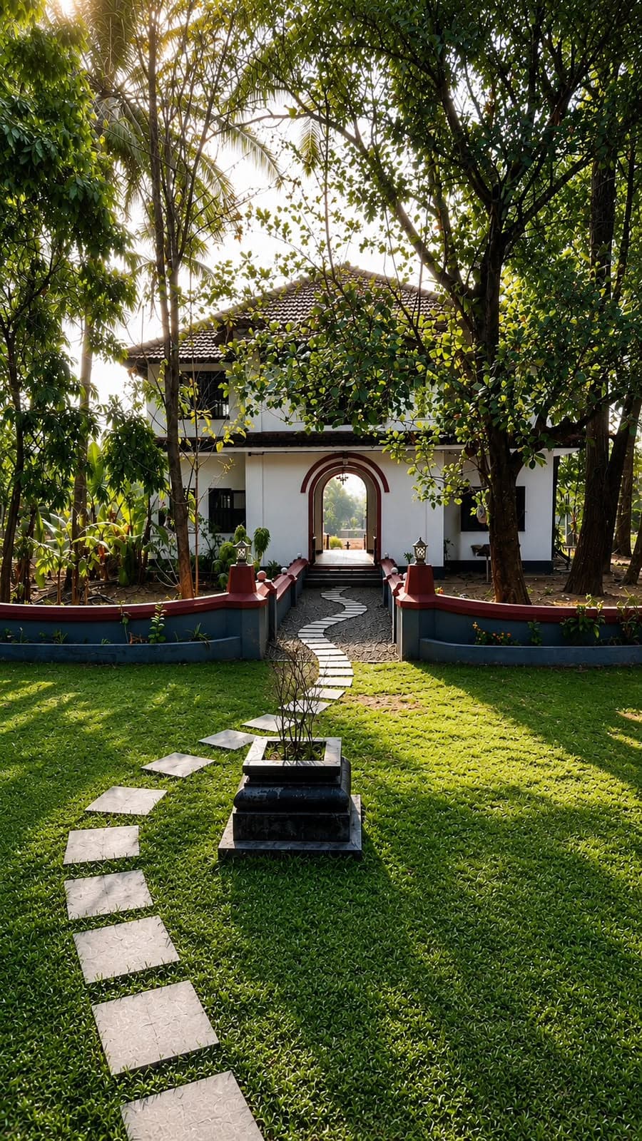 A stone pathway curving across a lawn towards an arched entrance