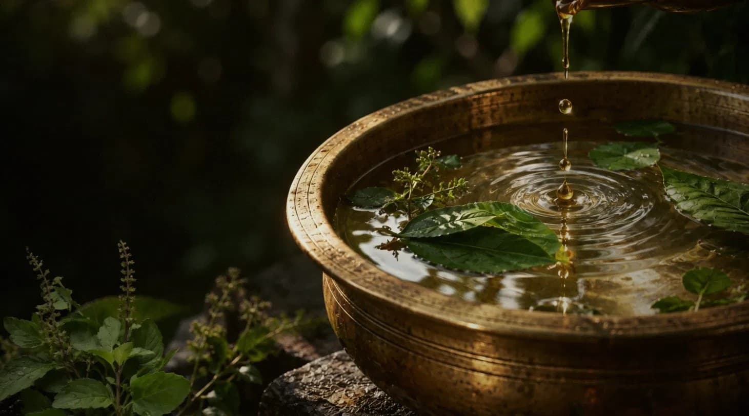Oil falling in drops into a brass uruli of water scattered with tulsi and green leaves, beside a holy basil plant