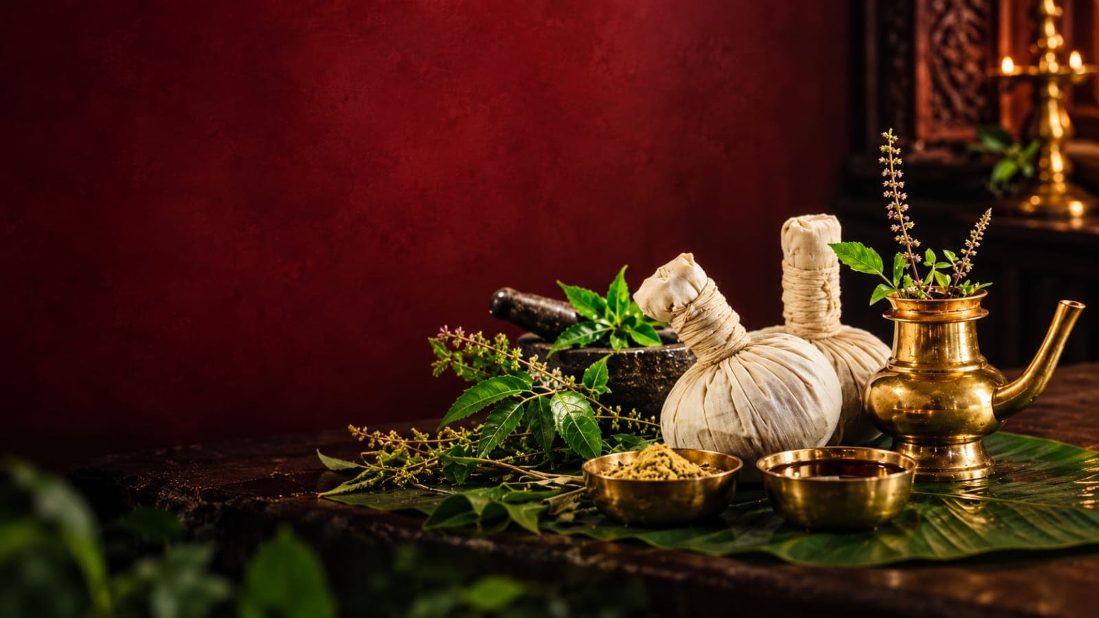 Herbal poultices, brass vessels, medicinal powders and fresh leaves laid out on a banana leaf for Ayurvedic treatment