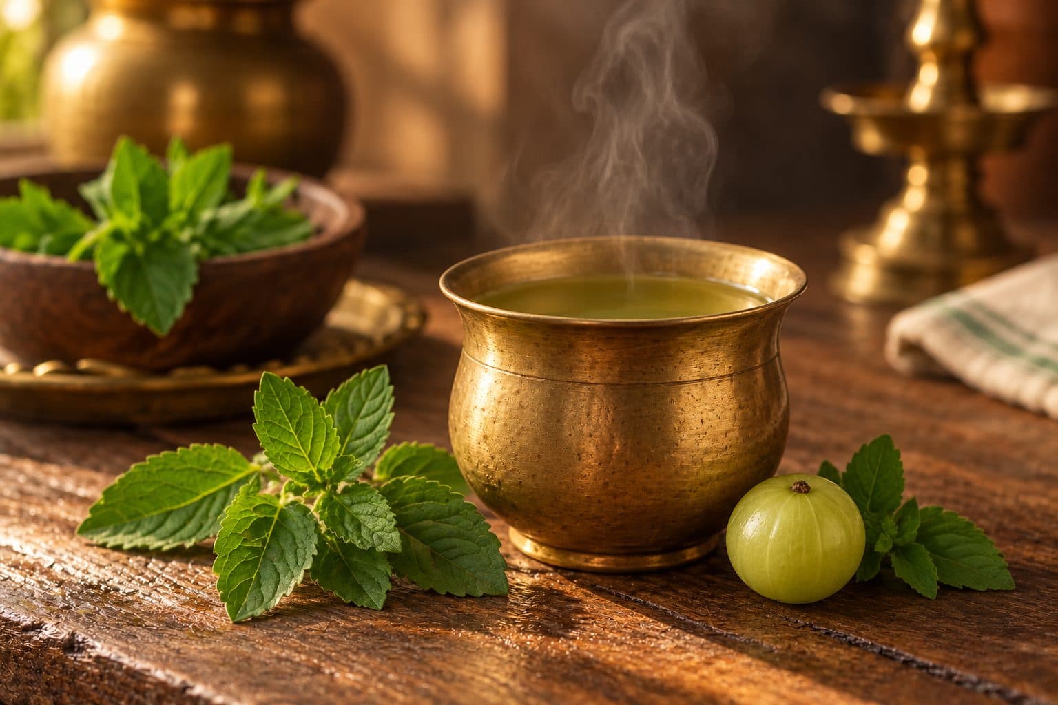 A steaming brass cup of herbal infusion on a wooden table, with fresh tulsi leaves and an amla fruit beside it
