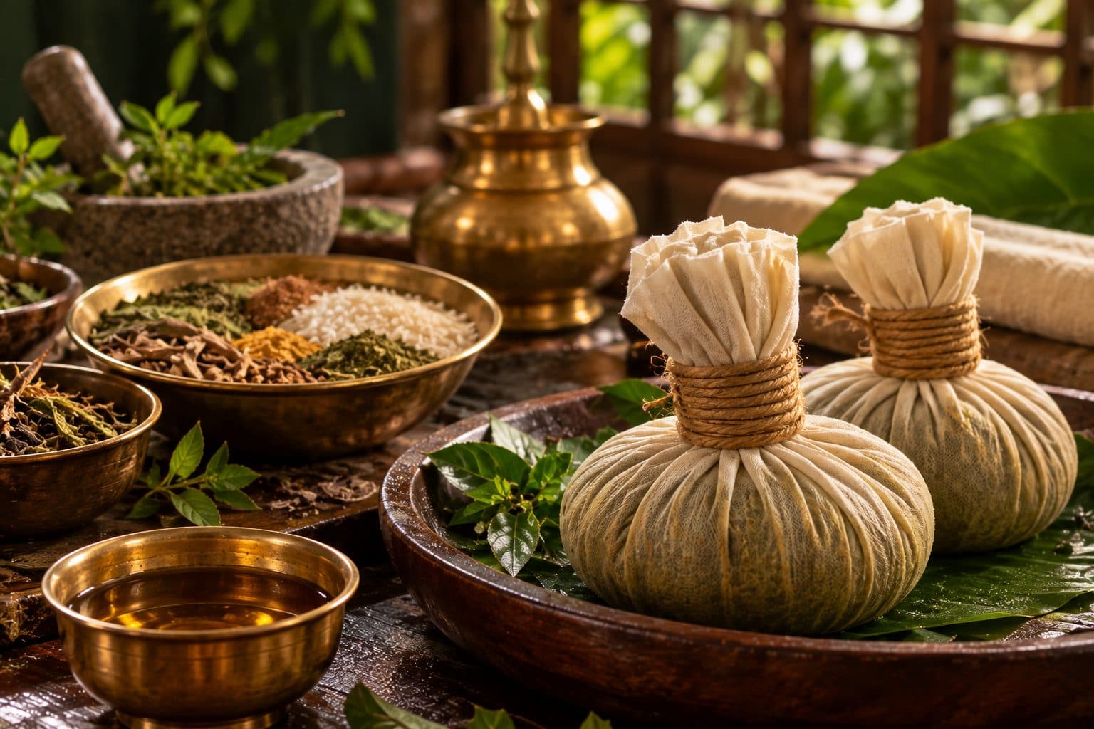 Herbal kizhi poultices tied with twine on a wooden tray, beside brass bowls of medicated oil, dried herbs and powders