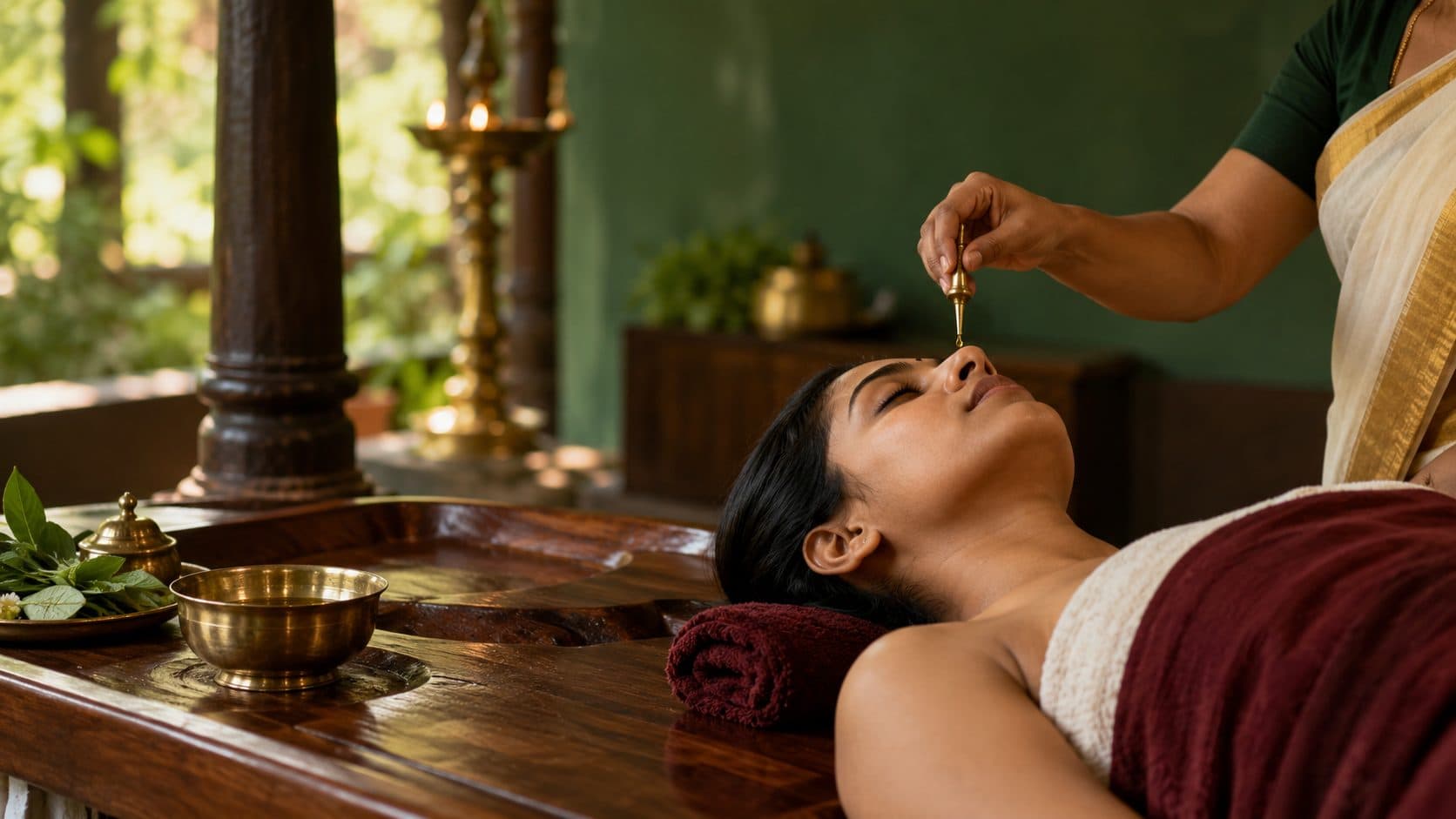 A therapist in a Kerala sari administers medicated drops from a brass dropper to a resting guest, beside brass bowls and a lit nilavilakku lamp