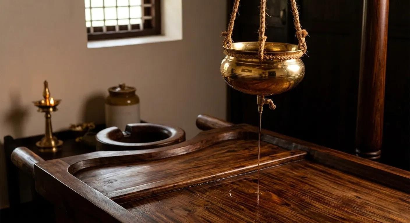 A brass dhara vessel hung on rope above a carved wooden droni treatment table, releasing a fine stream of oil, with a lit brass lamp in the background