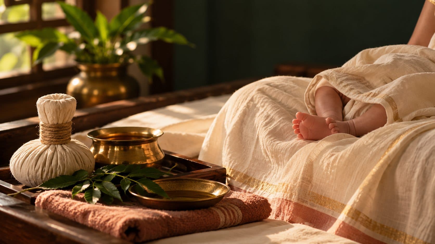A newborn's feet peeking from a gold-bordered Kerala cotton wrap, beside a herbal poultice, brass bowls of oil and neem leaves on a wooden tray