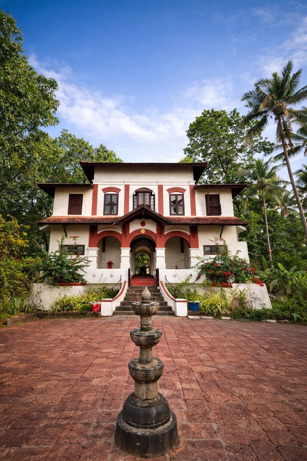 The symmetrical front facade of Villa De 1945 with its central arched entrance and stone lamp